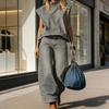 Summer 2 Piece Denim Set for Women Cap Sleeve Mock Neck Top And Wide Leg Pants Set Casual Loose Loungewear Outfit