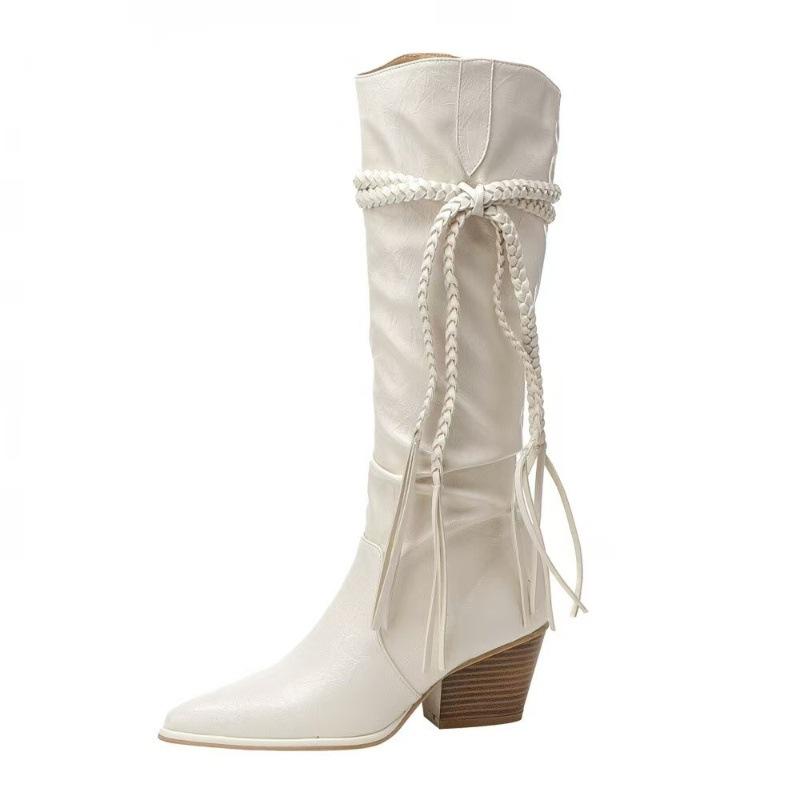 

Осень и зима толстые каблуки, но ботфорты до колена с острым носком женские ретро бахрома рыцарские ботинки западные ковбойские ботинки 35