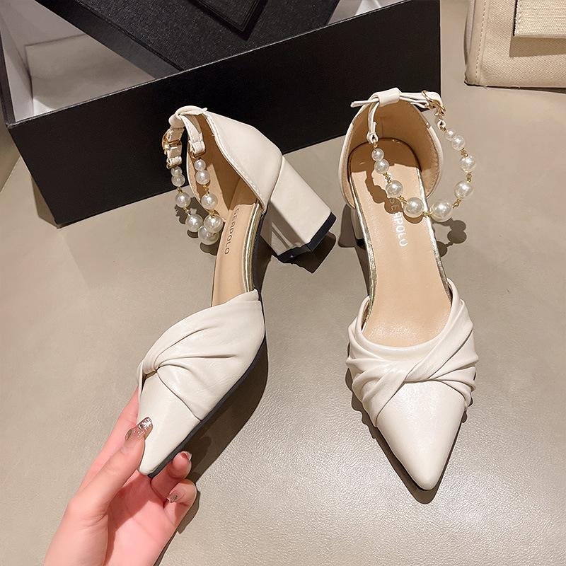 With skirt pearl high heels women's spring and summer new medium thick heel pointed head shallow mouth hollow sandals