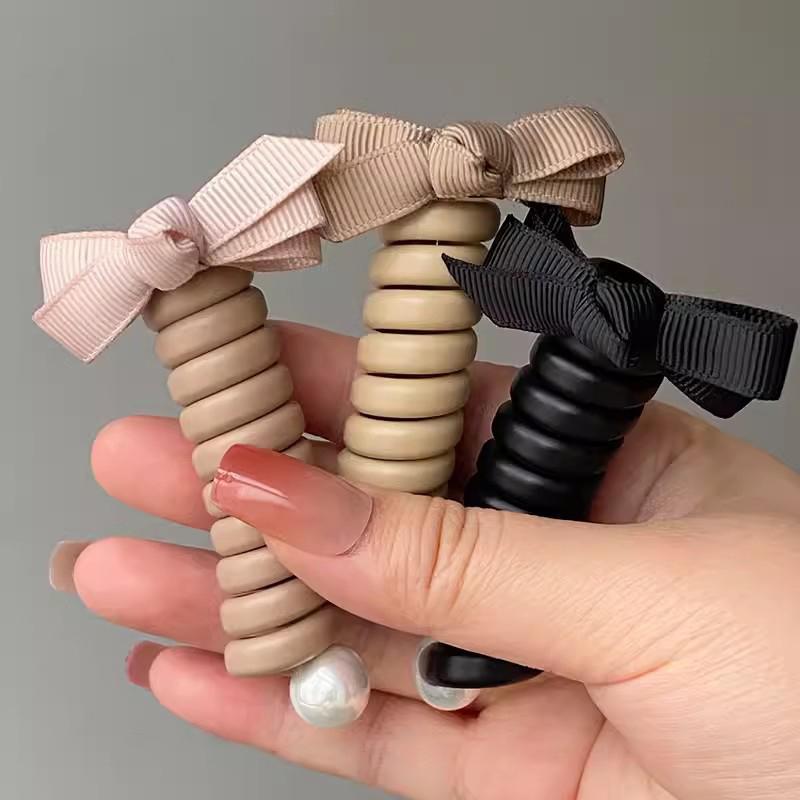 Bowknot Braided Telephone Wire Hair Bands,Spiral Hair Ties Phone Cord With Pearl,Waterproof High Elastic Rubber Hair Band