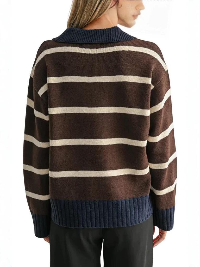 Maglione a Righe con Collo a Polo da Donna Yuehe Cross - Moda 2026 Classico Casual