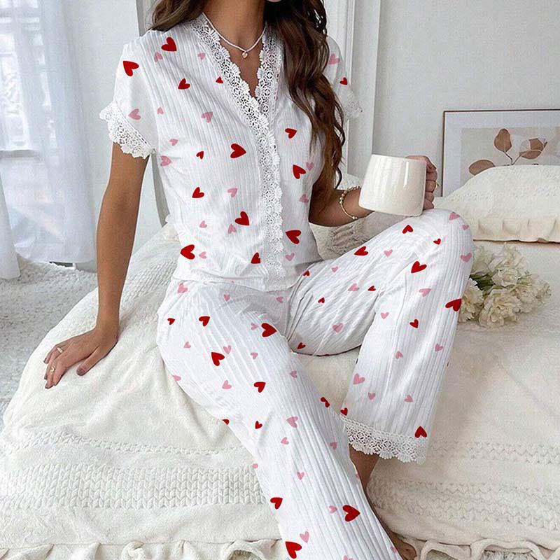 Womens Cherry Print Pajama Set With Water-Soluble Embroidery Trim Short Sleeve Long Pants Loungewear Outfit