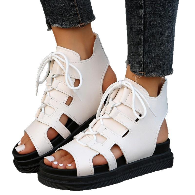 European and American thick-soled hollow lace-up sandals summer Roman style fish mouth muffin beach cool slippers
