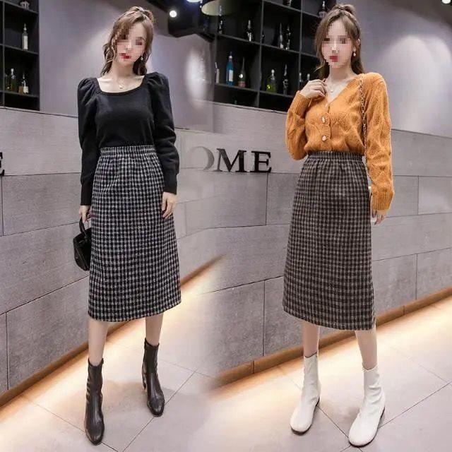 Fustă Midi pentru Femei din Lână cu Dungi Pied-de-Poule Căptușită cu Fleece - Toamnă/Iarnă 2025 Talie Înaltă Cu Șliț Bodycon