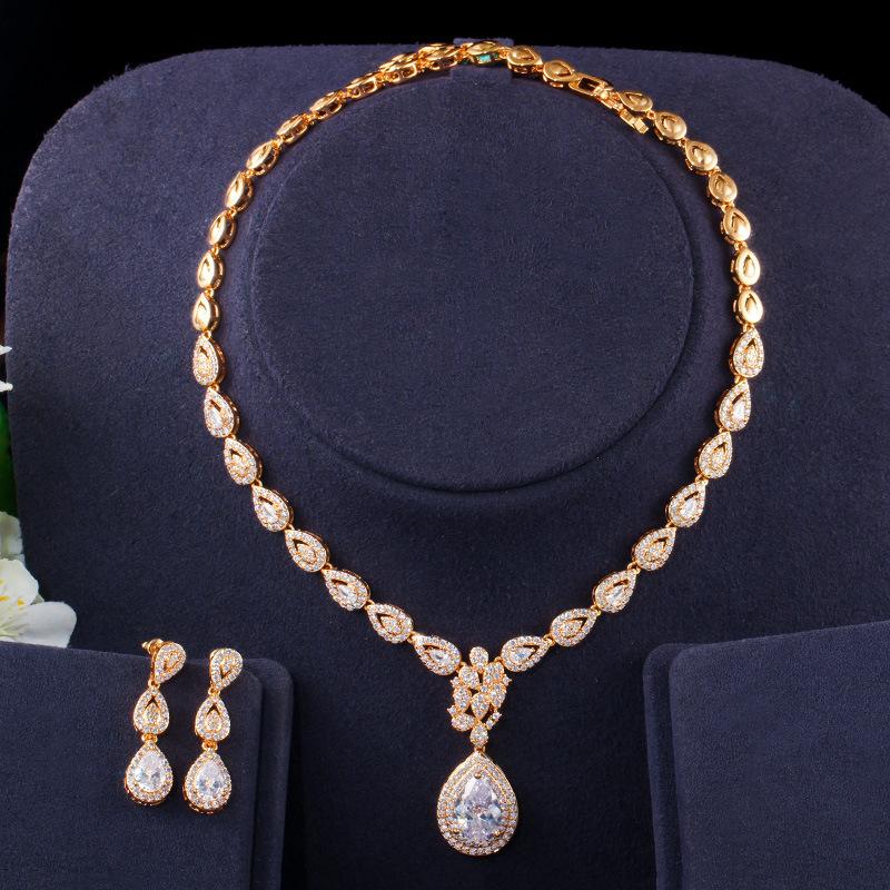T0157 Water Drop Zircon Set, Necklace Earrings Two-Piece Bridal Banquet Dress Accessories