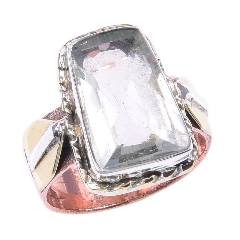 Natural Green Amethyst Gemstone 925 Sterling Silver Two Tone Ring Size 6 j8Q29