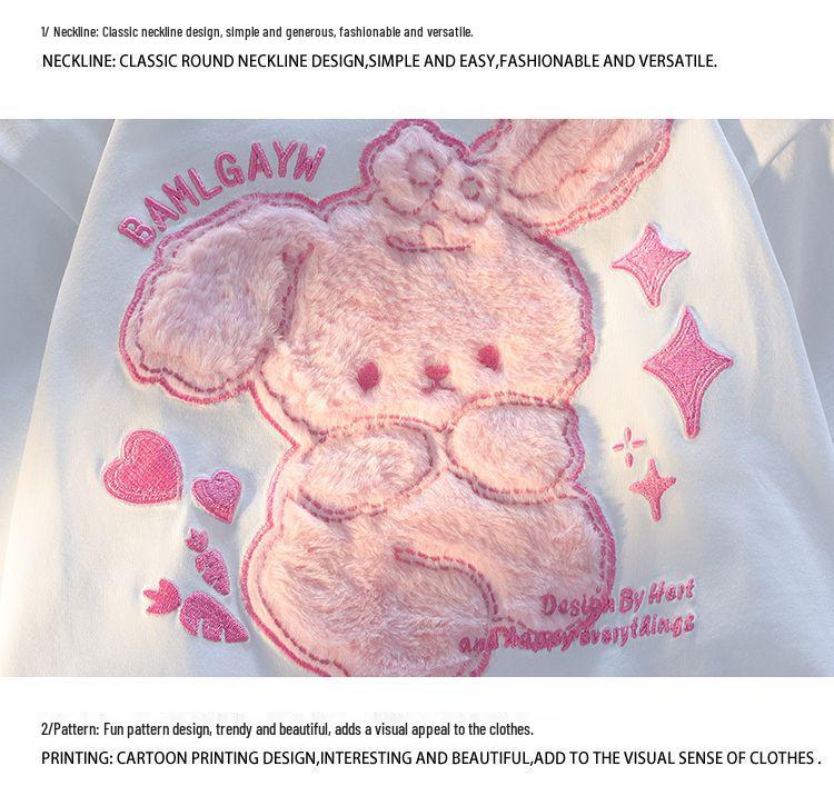Women's Summer Heavyweight Embroidered Cartoon Rabbit Cotton T-Shirt – Loose, Short-Sleeved Design