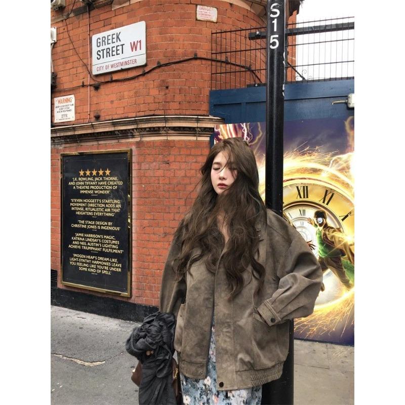 Autumn Casual Short Women Faux Suede Leather Jacket Vintage Biker Coat Loose Fit Retro Style