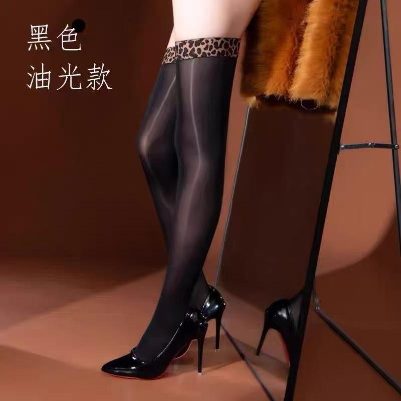 Sex Underwear Sexy Leopard Print Aurora Shiny Stockings Ultra-thin Knee Black Silk Pure Silky High Thigh Socks Women