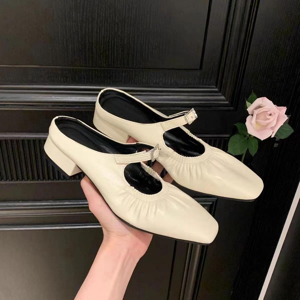 Silver French Leather Single Shoes Women's 2025 Summer New Muller Pleated Mary Jane Shoes Outer Bag Head Half Slippers