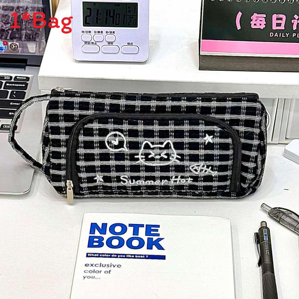 Cute Cat Lattice Pattern Pen Case With Fabric Material For Students And Girls чёрный
