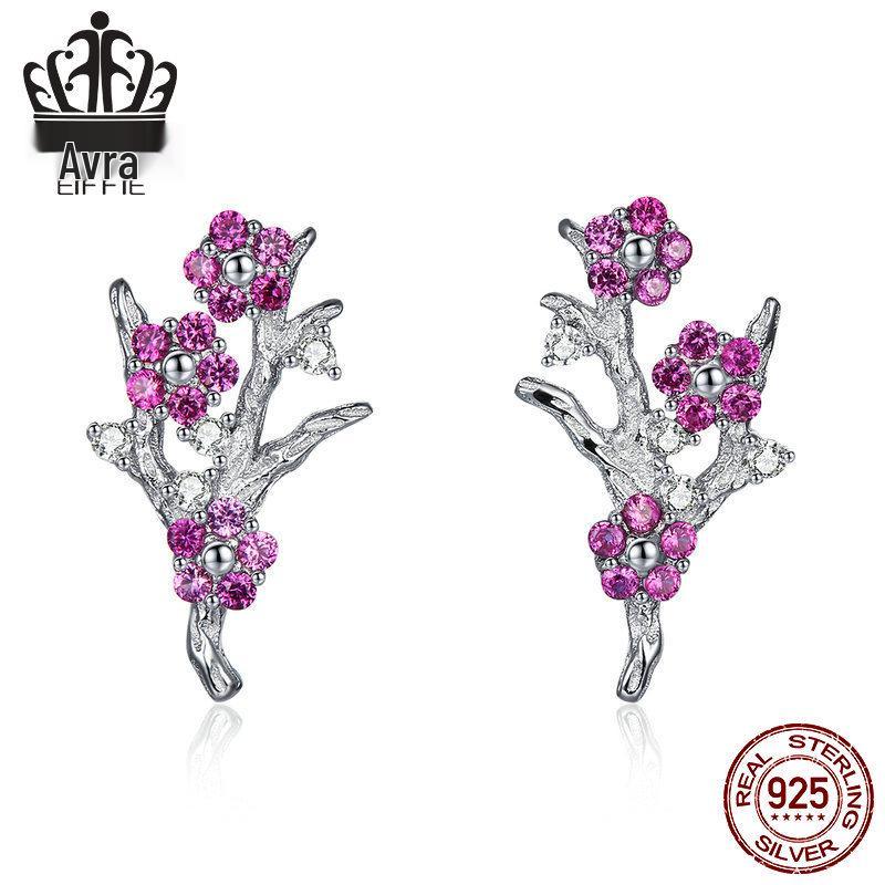 

Серьги-пусеты Aifuluo Pink Plum Blossom с цирконом - Чистое серебро, Покрытие белым золотом, S925. 925 Sterling Silver