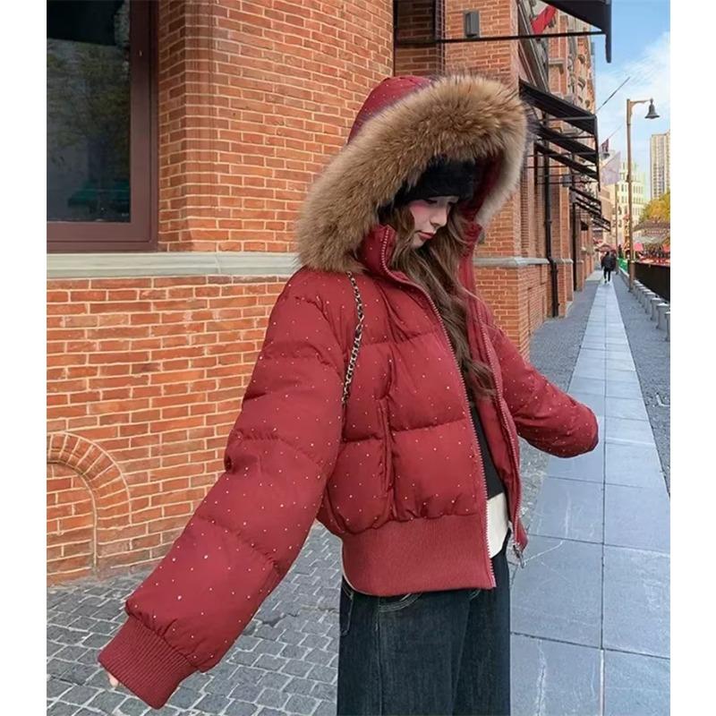 Winter Fur Collar Hooded Padded Short Coat Women Shiny Rhinestone Puffer Jacket Casual Zip Up Outerwear