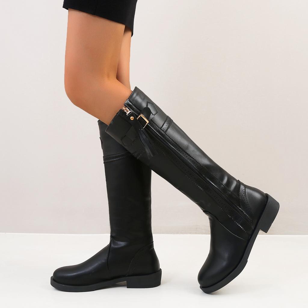 Long Boots But Knee Knight Round Head Thick Heel High Heel Women's Boots Large Size - Short Heel Flat Heel