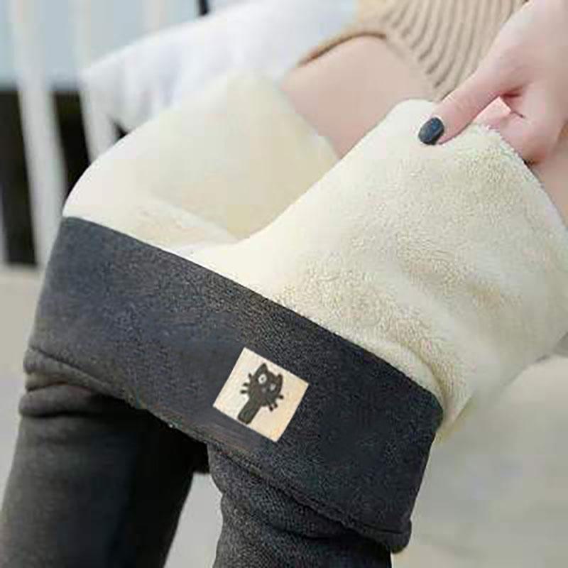 Flexible Thermofleece gefütterte Leggings Flauschig mit Lederpatch Kaschmir Lammfell Hochtailliert Verdicken Leggings Frauen Mädchen