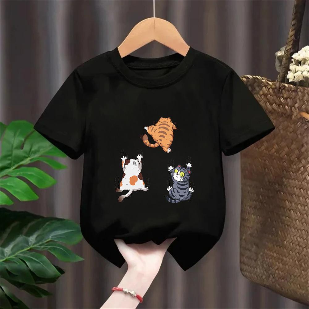 Three Little Cats Are Secretly Watching You Print Kids Tshirt for Boys Girls Tee Clothes Casual Pure Short Sleeved Cartoon Top