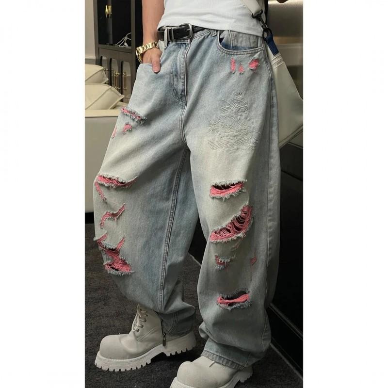 Jeans da uomo in denim strappato lavato, vestibilità larga, gamba dritta, pantaloni casual