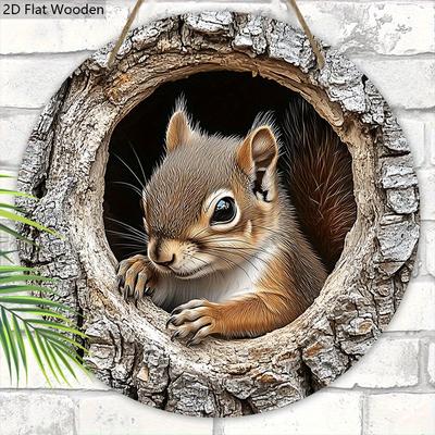 2D Plat Retro Houten Bord met Eekhoorn- & Boomholpatroon, Unieke Decoratieve Plaque met Circulair Grafisch Ontwerp