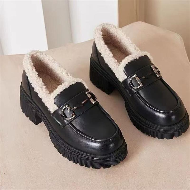 Thick-soled Velvet Women's New Autumn and Winter Small Leather Shoes, Fluffy Warm, One-pedal Cotton Shoes