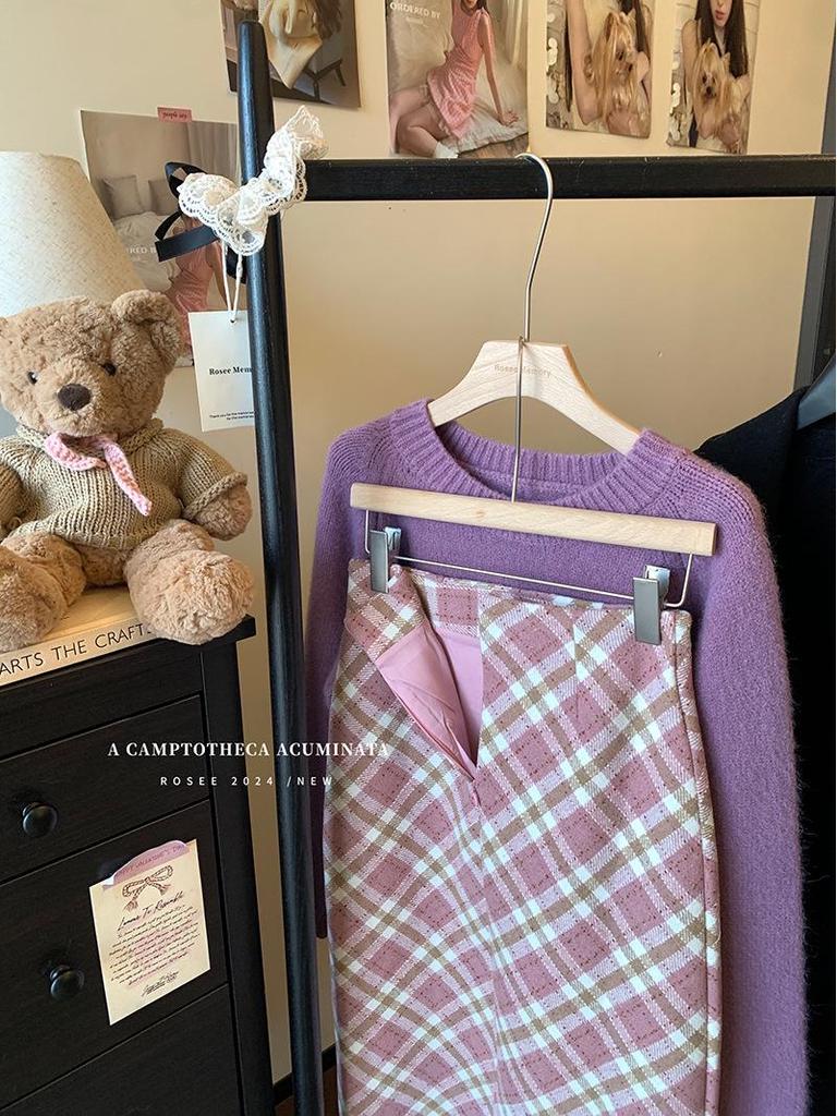 Academy Style Pink Plaid A-line Wool Skirt - Hip-Hugging for Spring & Autumn