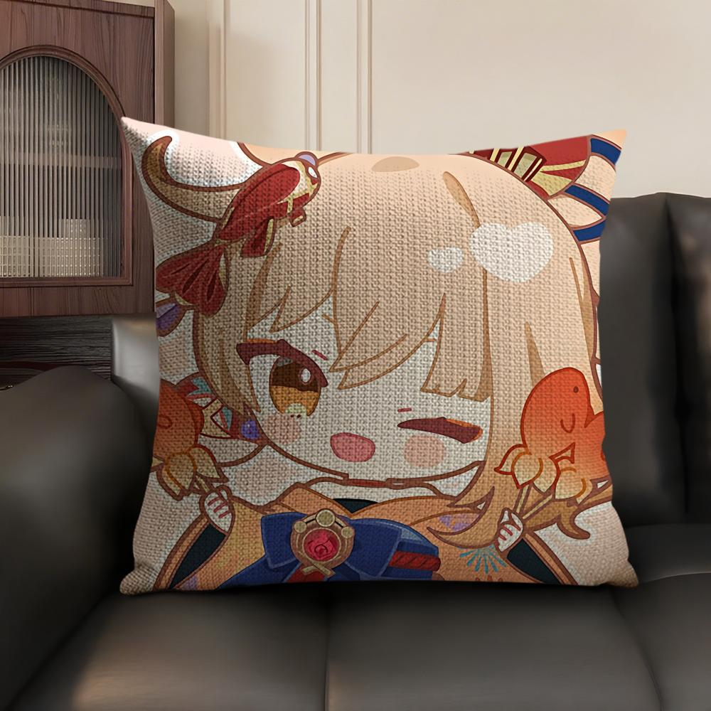 Yoimiya Cute Genshin Impact Cushion Cover Natural Linen Organic Fabric DoubleSided Printing Sofa Home Decor Gift Pillow Case