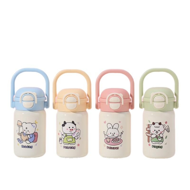 Water bottle Children's portable thermal insulation card cup Stainless steel one-button elastic cover Student straw water cup