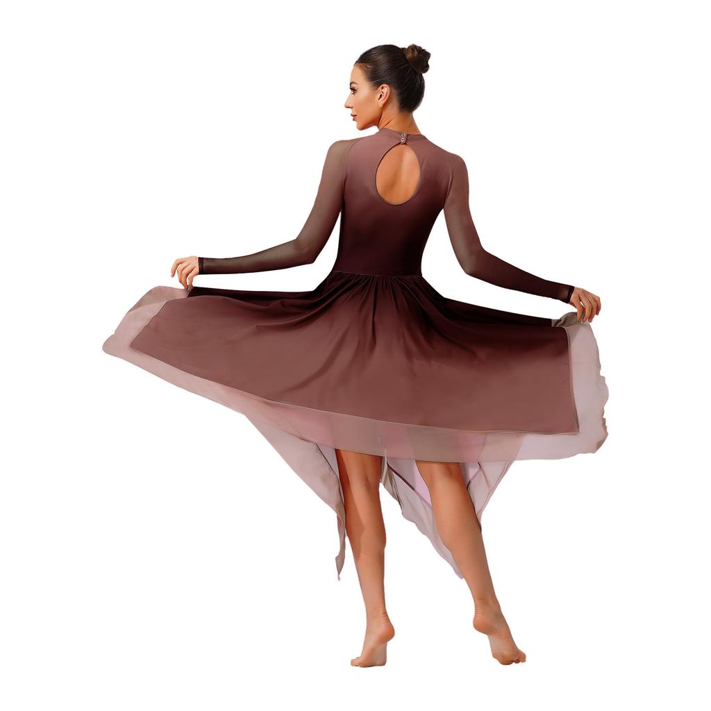 Womens Lyrical Dance Gradient Dress Mesh Long Sleeve Irregular Hem Back Keyhole Leotard Figure Skating Modern Costume
