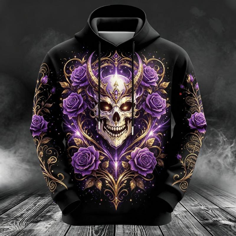 Men's Gothic Skull Purple Rose Full Print Hoodie Halloween Long Sleeve Drawstring Hooded Sweatshirt For Party Streetwea