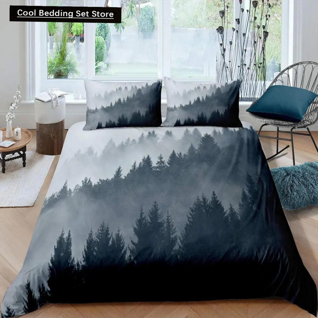Dumanlı Dağ Nevresim Takımı Çam Ağaçları Yorgan Kılıfı Erkek Çocuk Manzara Yorgan Kılıfı Doğal Manzara Sanat Polyester Yatak Takımı
