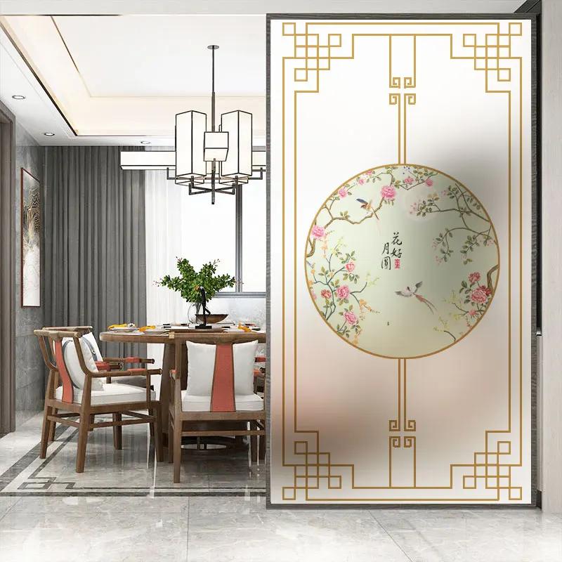 No Glue Privacy Windows Film Decorative Chinese Classical Painting Stained Glass Static Cling Frosted Window Stickers 03