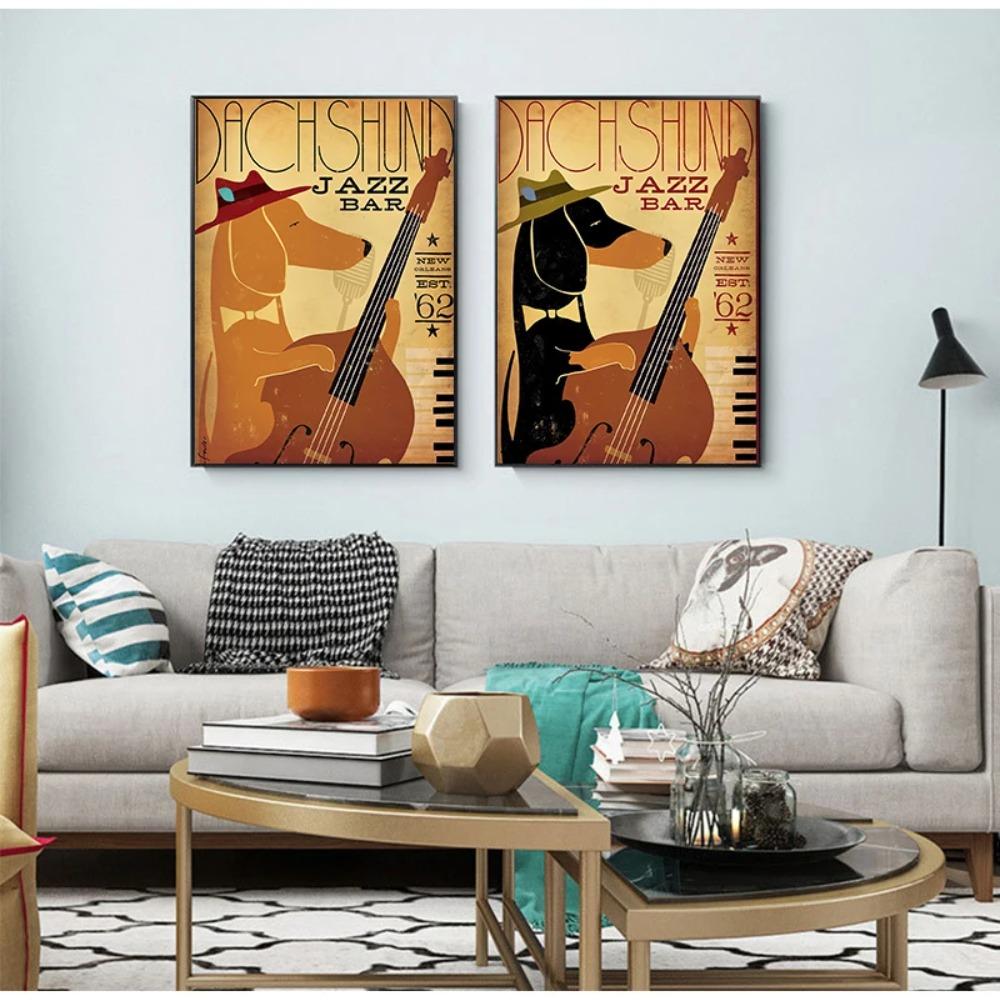 Wandkunst Retro Musik Hund Lustige Tiere Dackel Jazz Bar Dekor Wandbilder für Wohnzimmer Wohnkultur Leinwand Malerei Cuadros