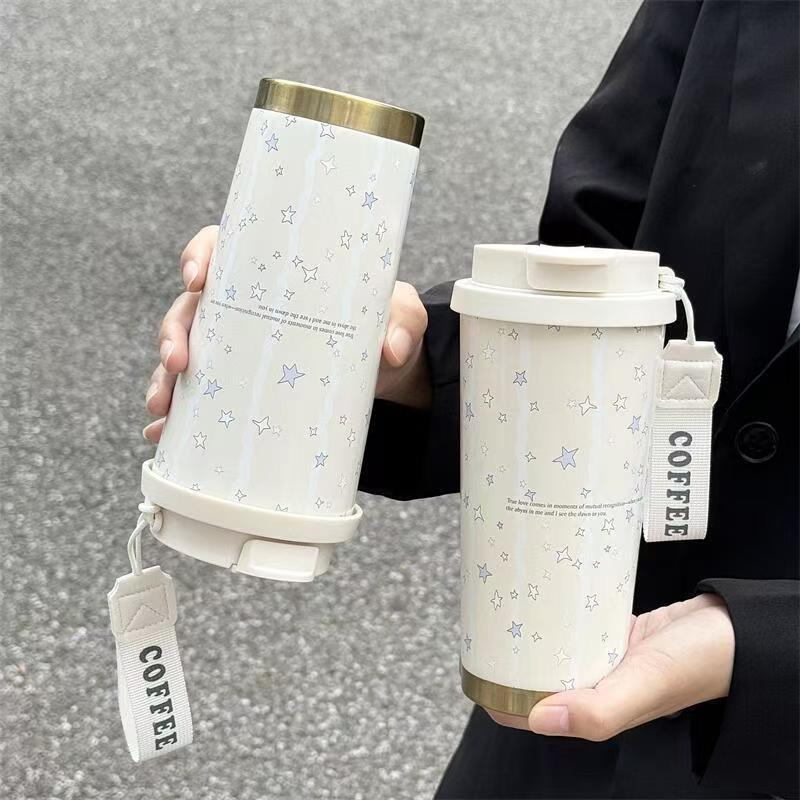 500ml Stars Print Coffee Thermos Cup 316 Stainless Steel Double Wall Vacuum Flask Portable Travel Mug with Handle Office School