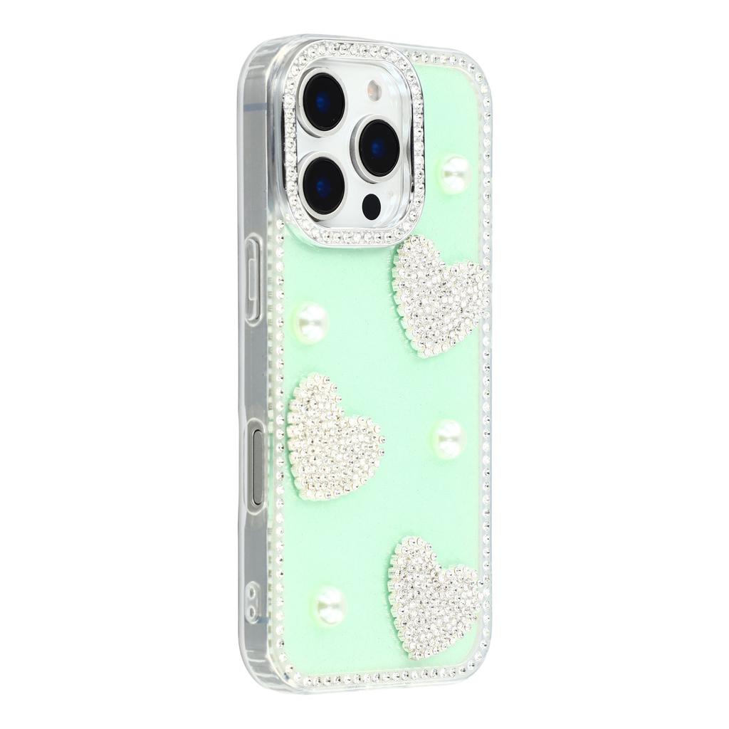 For iPhone 16 Pro Case Rhinestone Edge Pearl Love Decor TPU+PC IMD Phone Cover