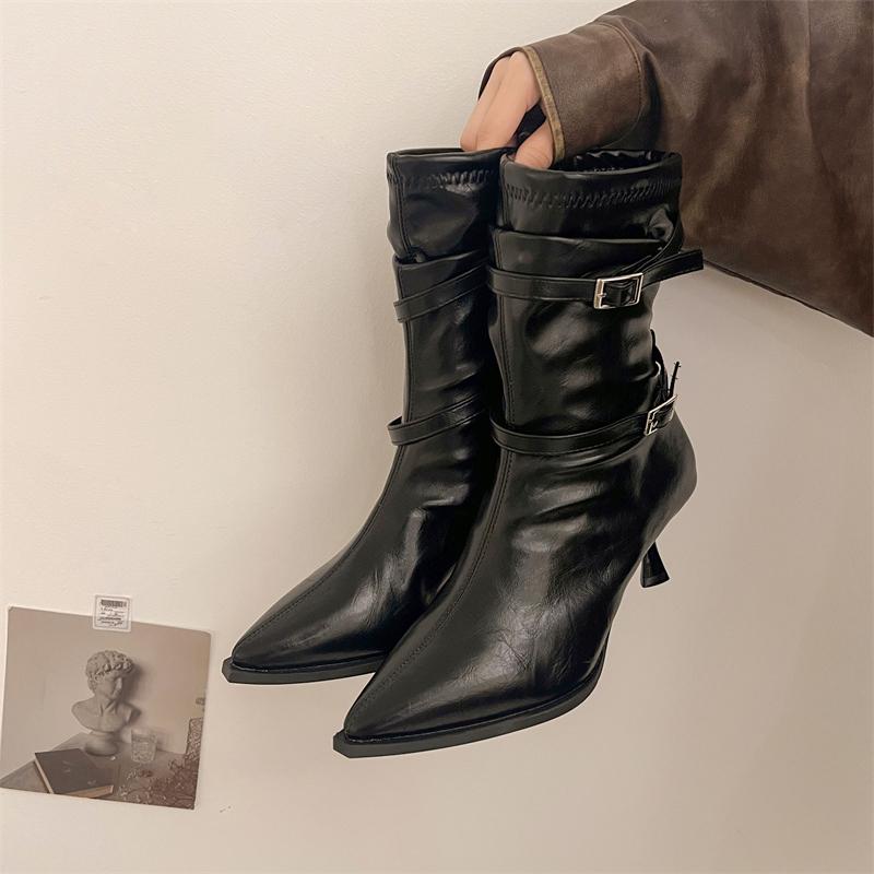 Belt Buckle Mid-Tube Boots Fashion Pointed Toe Sleeve Anti-Slip Wear-Resistant Slim Heel