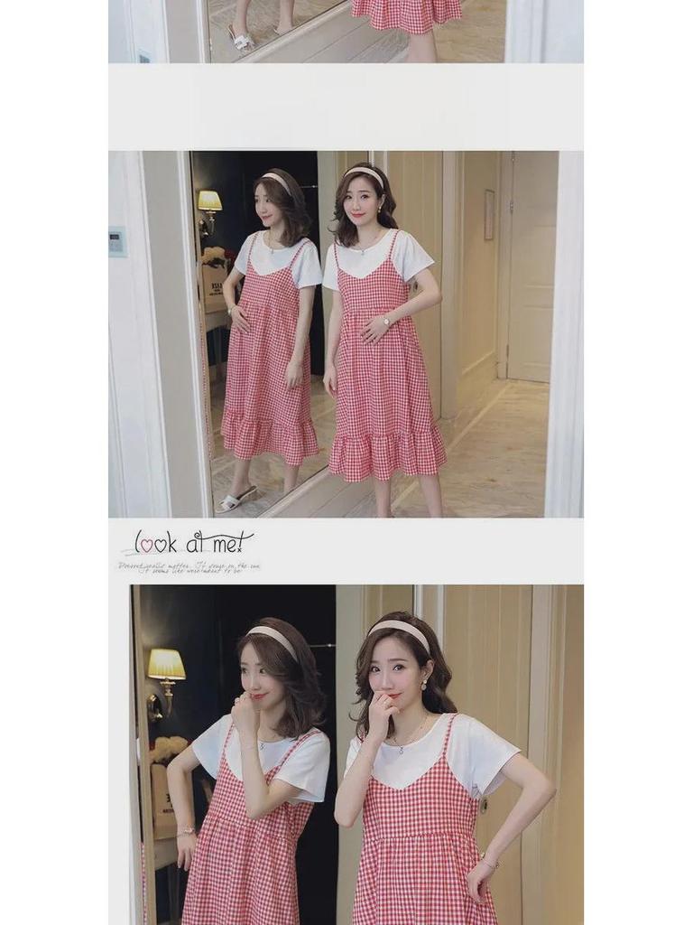 Plus Size Korean Plaid Maternity Dress - Short Sleeve, Loose Fit, Round Neck, Two-Piece Look