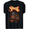 European Size Ghost Demonic Graphic Plus Size T-Shirt with Skull Face and Fiery Details - Unique Black Tee with Stylized Orange and White Lettering