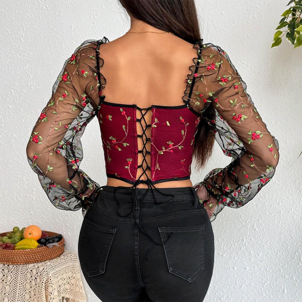 Damskie Topy Korsetowe Odkrywające Ramiona Modne Siatkowe Crop Topy z Haftem Kwiatowym Długi Rękaw