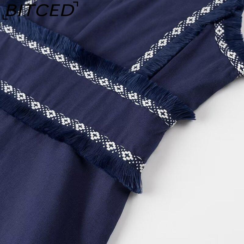 BITCED Damen Sommer Mode V-Ausschnitt Fransen Patchwork Maxikleid mit vollem Rock