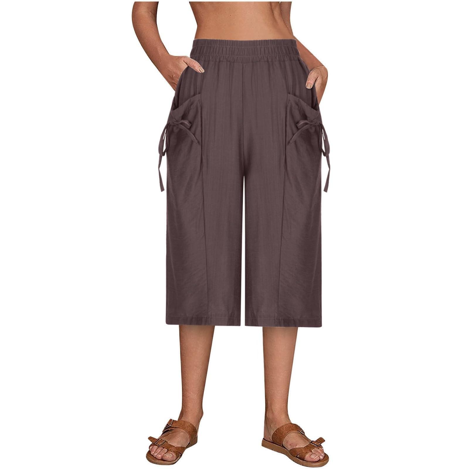 

Женские летние однотонные широкие брюки, свободные модные, удобные и повседневные укороченные брюки L кофейный