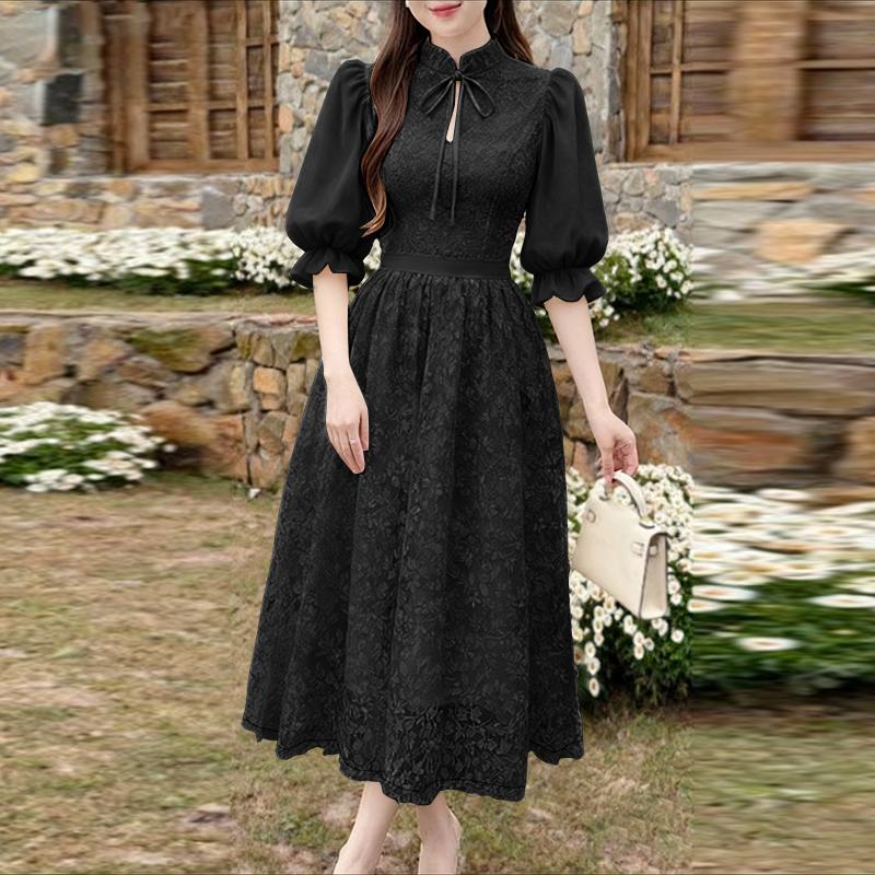 ZANZEA Damen Lässiges Stehkragen 3/4 Ärmel Lockeres Patchwork Spitzenkleid