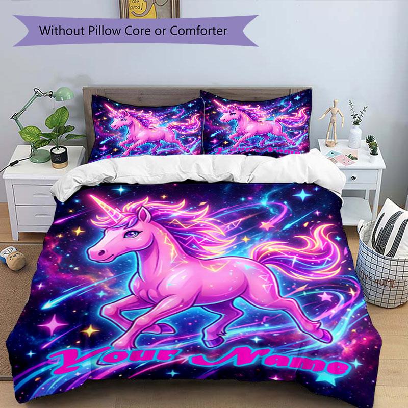 3pcs Custom Name Unicorn Magic Space Bedding Set Printed Bedding Set Duvet Cover Closure Includes 1 Duvet Cover & 2 Pillowcases Bedroom Decor