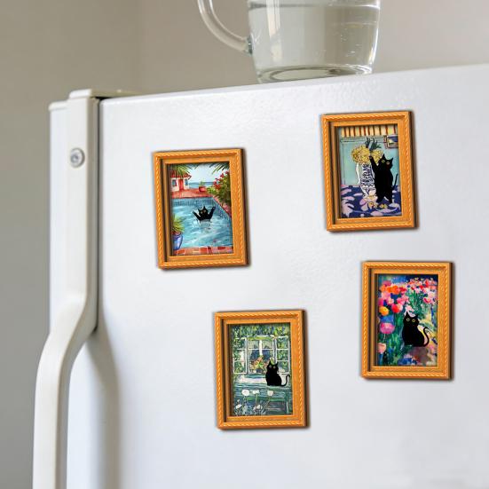 Photo Frame Refrigerator Magnets Oil Painting Cat Magnet, Wooden Black Magnetic Magnet Theme Retro Rectangle Decoration Decorative Fridge