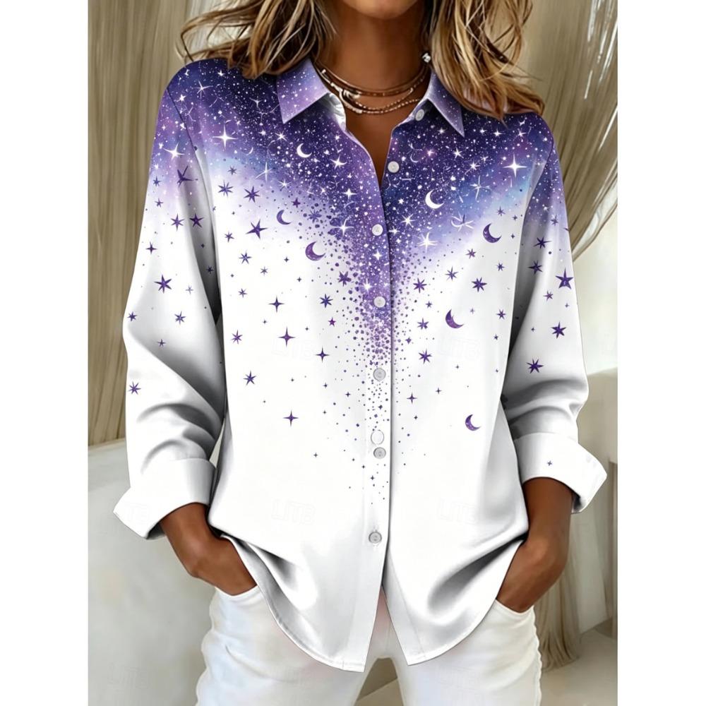 Women's Long Sleeve Ombre Clover Print Button Down Casual Shirt Elegant Daily Blouse Tops in White for Spring Summer