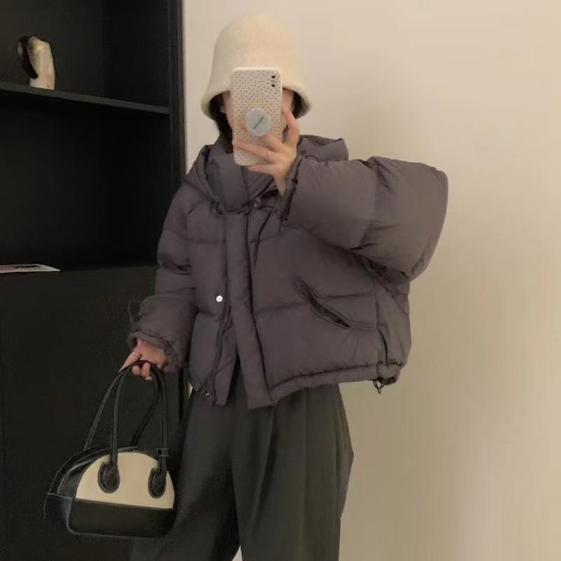 Premium hooded down jacket women's short 2024 winter thickened solid color loose white duck down small man bread jacket