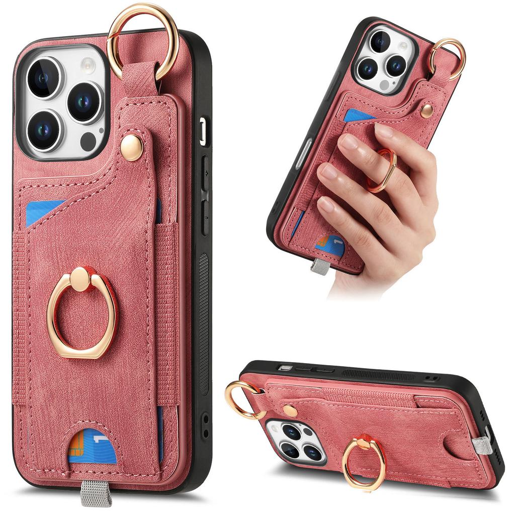 For iPhone 16 Pro Max Case Card Slots Leather+TPU Phone Cover with Ring Buckle