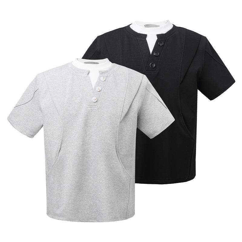 Fake Two-piece T-shirt Men's Summer 2025 New American Trendy Brand Small Neckline Splicing V-neck Front Shoulder Half-sleeve T-shirt Top