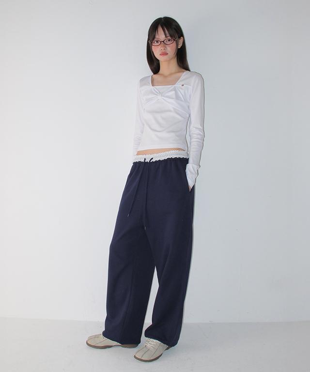 RONRON Ribbon Knot Square Neck Long Sleeve White