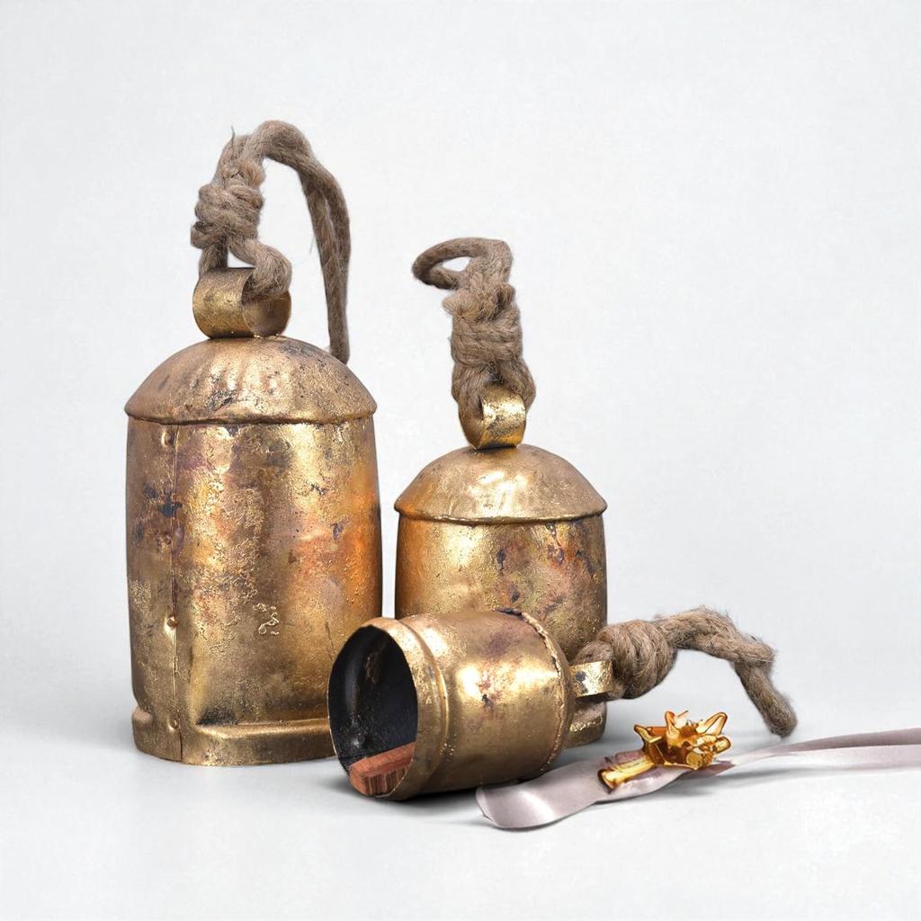 Large Rustic Gold Metal Hanging Bells Set, Handmade Vintage Cowbells for Farmhouse Christmas Decor and Boho Wall Art 4,6,8" (3-Piece)