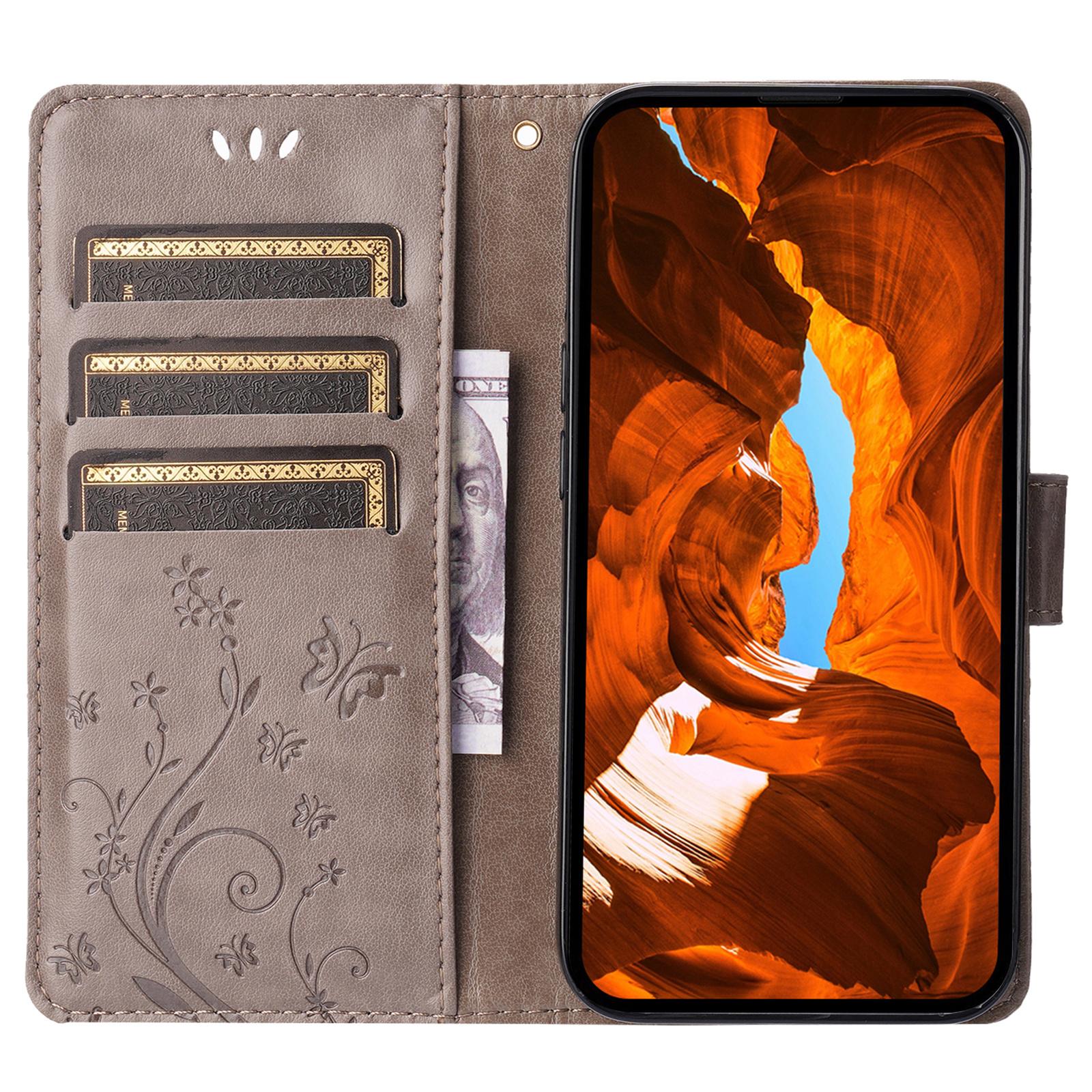 

For iPhone 16 Pro Case Shockproof Butterfly Floral Leather Flip Phone Cover Grey