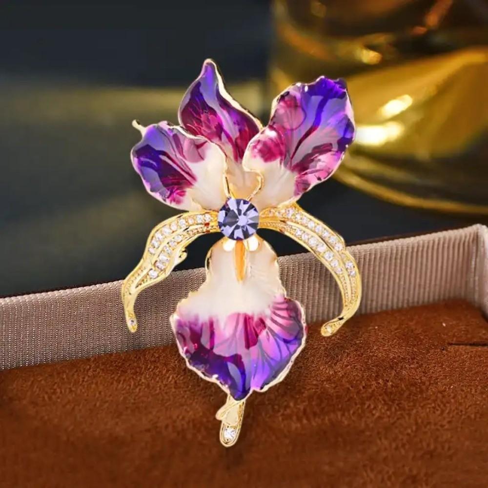 Rhinestone Enamel Lapel Pin Sparkling Plants Badge Vintage Iris Flower Brooch  Suit